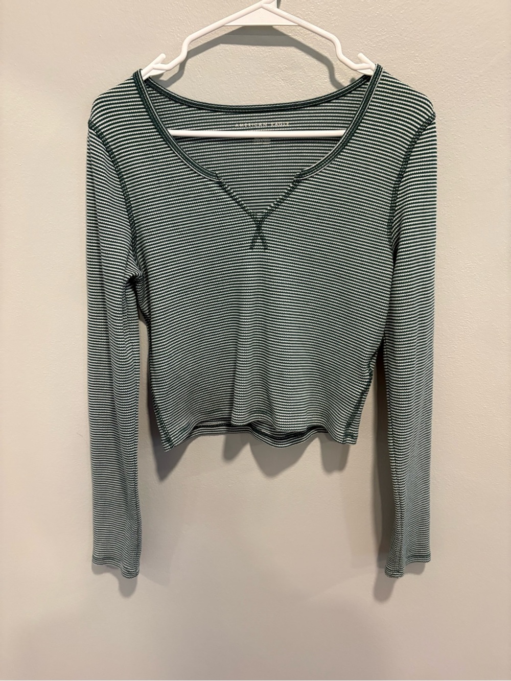 American Eagle Outfitters Green and White Striped Scoop Neck Long-Sleeve Top